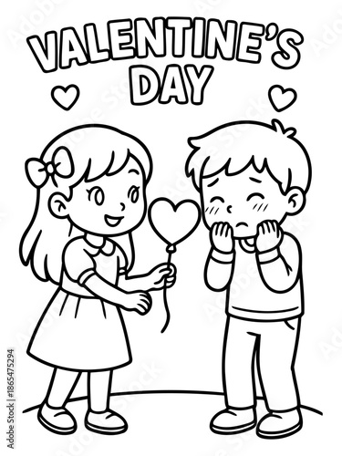 Valentine's Day Exchange: A sweet moment of connection captured in a hand-drawn illustration. A girl presents a heart-shaped balloon to a bashful boy, symbolizing the innocence and joy of young love.