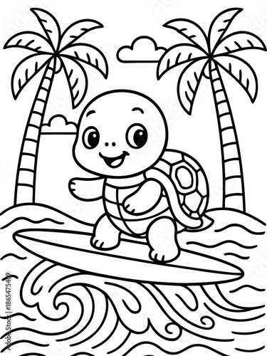 Turtle Surfing Adventure: A cheerful turtle gracefully rides a surfboard, expertly navigating the waves, framed by the silhouettes of palm trees and a bright sky. A fun beach scene.