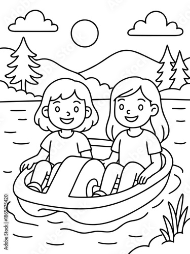 Joyful Paddle Boating Adventure: Two cheerful companions enjoy a fun-filled day out, paddling a boat on a calm lake, embracing the natural beauty surrounding them.