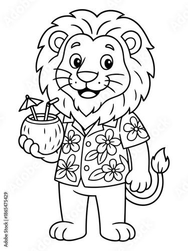 Lion in Holiday : a relaxed Lion holding a cocktail with a floral shirt is the definition of fun