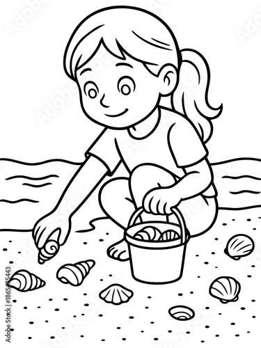 Seashell Treasure Hunt: A young girl, lost in the excitement of a beachside treasure hunt, carefully selects a seashell, her bucket full of oceanic treasures.