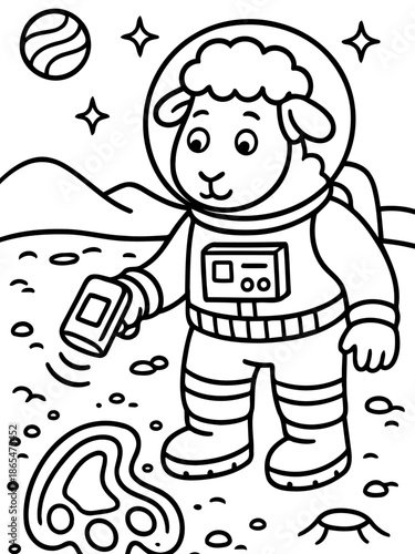 Astronaut Sheep's Lunar Exploration: An intrepid sheep astronaut boldly explores a celestial body, accompanied by a cosmic body in the dark.