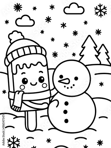 Winter Wonderland Pals: Delightful depiction of a snowman and an ice pop, surrounded by snowflakes in a charming, wintery landscape. 