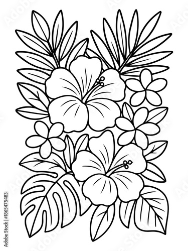 Tropical Bloom Composition: An exquisite illustration of tropical flowers and foliage, featuring meticulously crafted outlines of vibrant blossoms and lush leaves that burst with life and vitality.