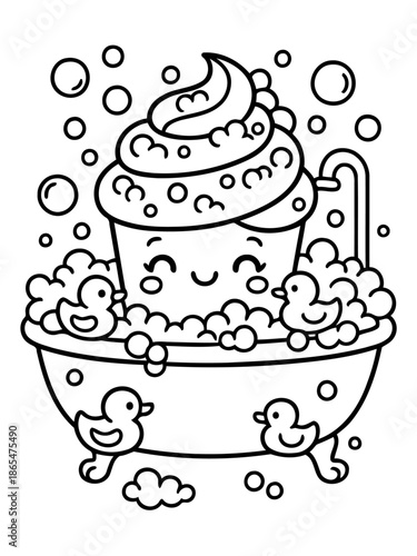 Whimsical Bath Time Cupcake: An endearing cupcake relaxes in a bubbly bathtub, surrounded by adorable ducklings, creating a joyful, heartwarming scene of sweetness and playfulness.
