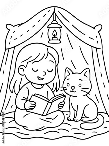 Cozy Reading Corner: A charming illustration shows a young individual engrossed in a book, sharing a moment with a friendly cat, all within a welcoming, enclosed space.