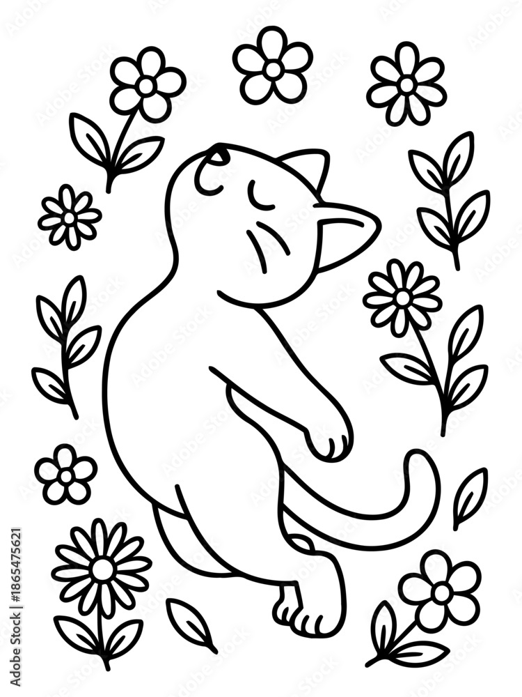 Obraz premium Serene Cat Surrounded by Flowers: A contented cat basks in the gentle embrace of blooming flowers. Its eyes closed in pure joy, this whimsical artwork is a testament to the simple pleasures in life. 