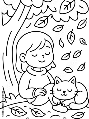 Autumn's Gentle Embrace: A serene scene of a person and cat nestled under a tree. the gentle fall leaves flutter around, enhancing the tranquil atmosphere.