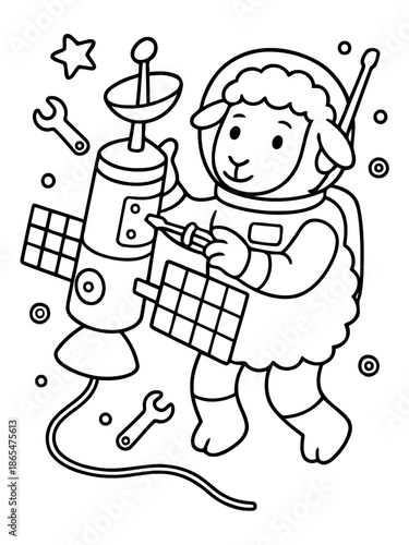 Astronaut Sheep and Space Station: An astronaut sheep, dressed in a space suit, meticulously repairs a complex space station. The scene captures the spirit of exploration and ingenuity.