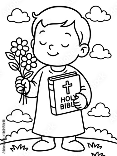 Child with Faith: A serene depiction of a child, holding flowers and a bible, embodying innocence and faith.