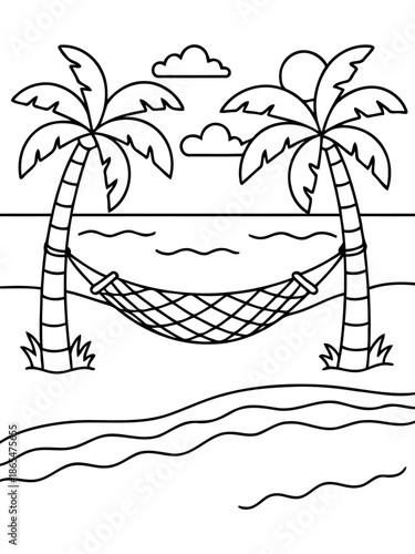 Serene Beach Hammock: A tranquil hammock sways gently between two palm trees on a picturesque beach, offering a promise of relaxation and serenity, under a beautiful sky.