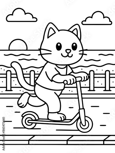 Whimsical Cat's Seaside Scooter Adventure: A cheerful cat cruises along the sunny seaside, joyfully riding a scooter in a delightful illustration, ready for an adventure.