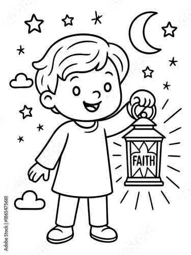 Little Believer with a Lantern: A sweet illustration of a young believer holding a lantern inscribed with FAITH under a celestial sky, radiating light and hope.