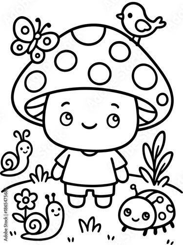 Joyful mushroom with Friends: A whimsical illustration of a smiling mushroom character, surrounded by cheerful insect and nature. This delightful scene evokes a sense of wonder and childlike glee.