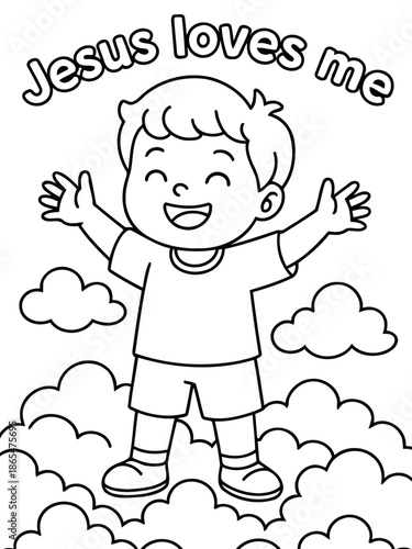 Jesus Loves Me Illustration: A joyous depiction of a child, embraced by an uplifting message of faith, set against a backdrop of fluffy clouds.