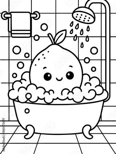 Citrus Shower Serenity:  A charming illustration shows a cheerful citrus fruit luxuriating in a bubbly shower, enjoying a moment of pure relaxation and rejuvenation. 