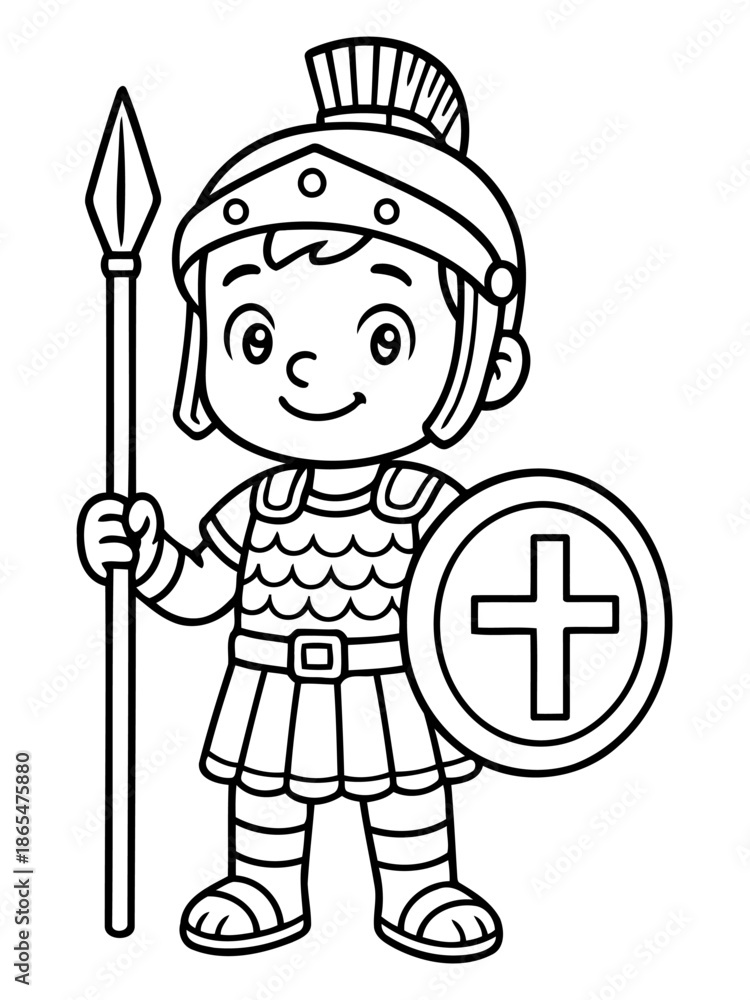 Naklejka premium Courageous Roman Soldier : A brave soldier in full armor stands ready, his shield emblazoned with a cross, spear poised, epitomizing the strength of ancient Rome.