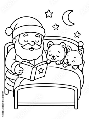 Santa's Bedtime Story: An illustration portrays Santa Claus, nestled in a cozy bed, reading a bedtime story to two adorable animal friends under the gentle glow of the night sky.