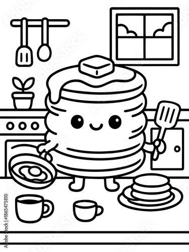 Happy Pancake's Cooking Adventure: A whimsical illustration depicts a jovial stack of pancakes as the centerpiece, playfully set in a kitchen, surrounded by culinary elements like a pan, spatula.