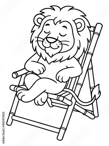 Relaxed Lion Lounging: An illustration of a serene lion, enjoying a moment of leisure while comfortably seated in a deckchair. This delightful scene captures a sense of calm and relaxation.