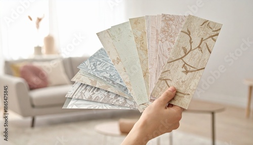 Hand displaying fanned wallpaper and fabric samples, showing textures and patterns for meticulous interior design and home decoration, reflecting careful selection