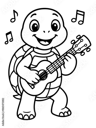 Melodic Turtle's Serenade: An enchanting illustrated turtle strums a ukulele, filling the air with musical notes and pure joy. A whimsical display of music and playfulness.
