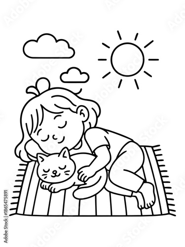 Cozy Naptime: A young girl and her feline friend enjoy a peaceful daytime nap outdoors. The warmth of the sun and gentle clouds create a perfect scene of serenity.