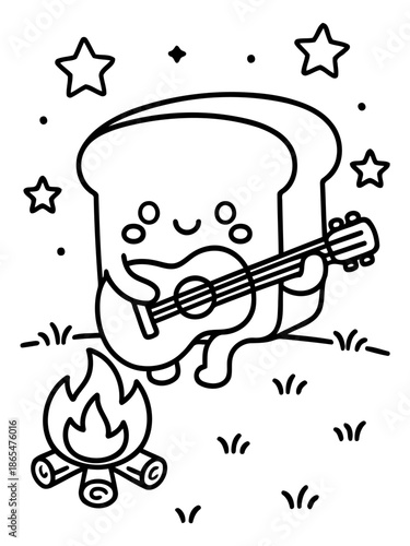 Campfire Serenade: A cheerful cartoon bread slice strums a guitar beside a crackling campfire under a starry sky.