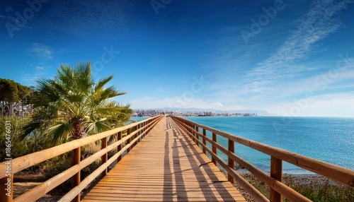 wooden bridge on palms and sea background costa del sol malaga spain