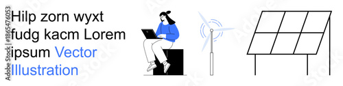Renewable energy, sustainability, environmental awareness, remote work, green technology, eco-conscious living. Person using a laptop, wind turbine and solar panels. Renewable energy