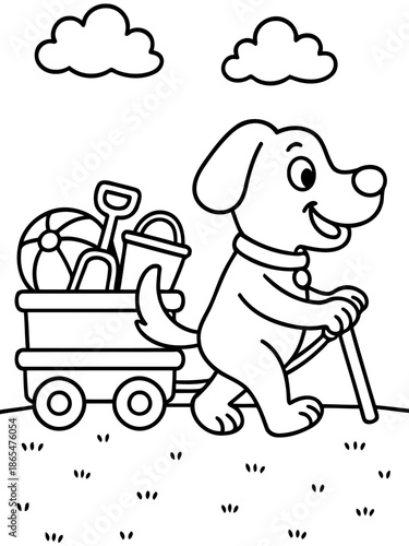 Canine Adventure: An illustrative cartoon showcases a happy canine enjoying a day at the beach, cheerfully pulling a wagon filled with beach toys. The scene is set under a cheerful sky.