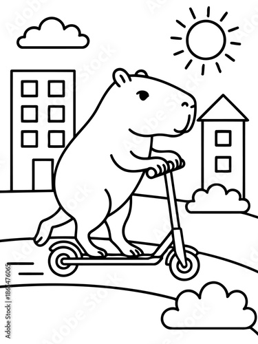 Capybara's City Ride: A playful capybara cruises through a cityscape on a scooter, enjoying the sun. The image evokes a sense of freedom and whimsical fun.