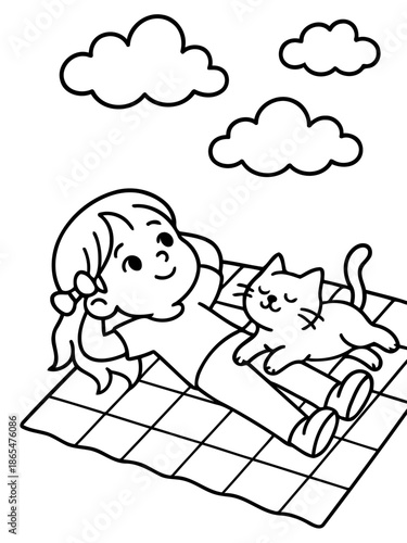 A Daydream Under the Clouds: A young girl enjoys a moment of tranquility with her feline friend under a serene sky filled with fluffy clouds.