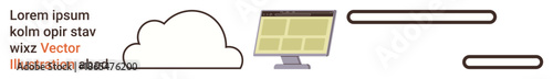 Cloud storage, data synchronization, online services, digital platforms, information exchange, modern technology. A cloud icon, a computer monitor and horizontal lines. Cloud storage and data