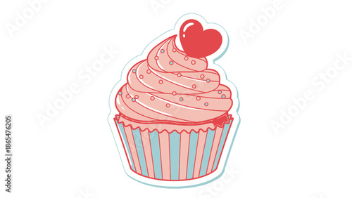 Sweet Cupcake with Pink Icing and Red Heart Topping, Isolated on White