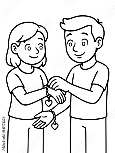 Embracing Moments: Illustration of a couple's special bond, one carefully fastens a heart charm bracelet around the other's wrist, illustrating togetherness. 