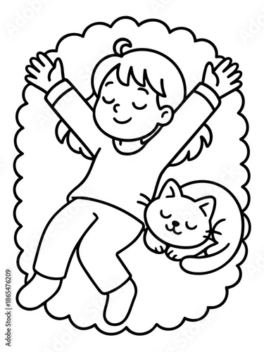 Peaceful Slumber: A sweet, innocent moment of a child sleeping peacefully, embraced by the comforting presence of a sleeping cat, radiating a sense of tranquility.