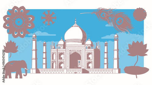 Taj Mahal India Landmark Art - Elephant, Lotus, Peacock Feathers, Mughal Architecture