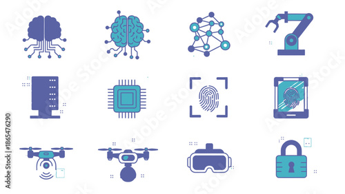 Technology Icons Set: AI, Robotics, Drones, VR, Security, Data