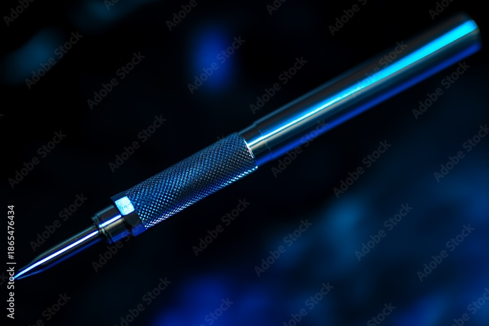 Naklejka premium Close up of a shiny metal rod with textured handle