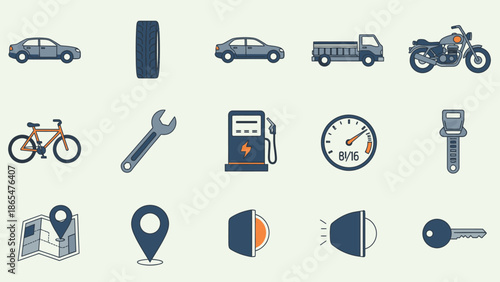 Transportation Icons: Vehicles, Tools, Navigation, and Symbols for Auto Industry