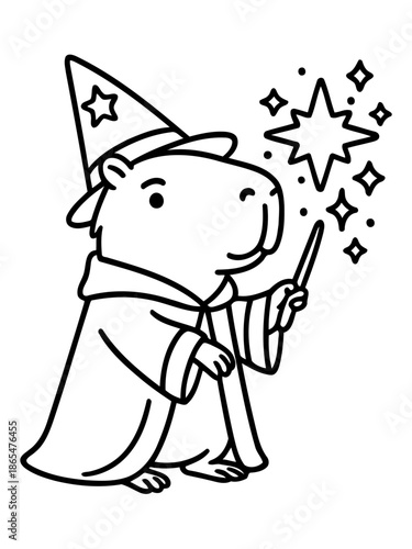 Mystical Capybara: An enchanting illustration of a capybara, adorned in a wizard's hat and cloak, conjuring magic with a wand, adding a touch of fantasy to the scene. 