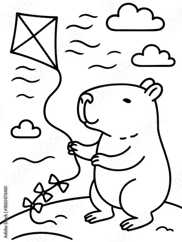 Joyful Kite Flight: A cheerful rodent holds up a kite soaring in the sky with clouds, exuding a sense of playful freedom and childhood wonder.