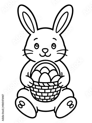 Easter Bunny with Easter Eggs: An adorable Easter bunny sits contentedly, clutching a basket brimming with vibrantly colored eggs, capturing the spirit of spring.
