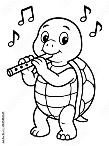 Musical Turtle's Serenade: A cheerful cartoon turtle, lost in the joy of melody, plays a flute, surrounded by floating musical notes.