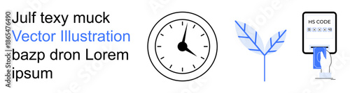 Time management, technology interface, environmental concepts, productivity tracking, digital documentation, eco-friendly icons. Clock, leaf and document with touchscreen interaction. Time