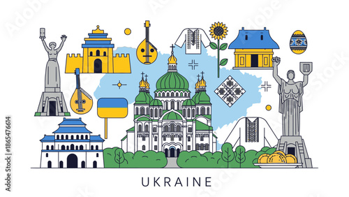Ukraine Landmarks and Culture Collage: Kyiv Icons, Traditional Art, Symbols