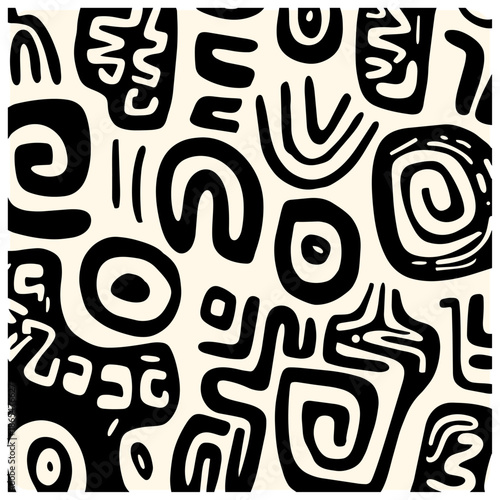 Primitive Tribal Abstract Pattern with Black Hand-Drawn Swirls and Shapes