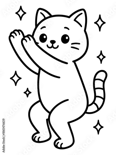 Playful Feline: A charming, outlined illustration of a cartoon cat with a cheerful expression, dancing joyfully, exuding a playful vibe with added sparkle effect.