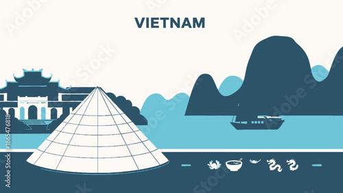 Vietnam Traditional Landscape: Temple, Mountain, Boat, and Conical Hat